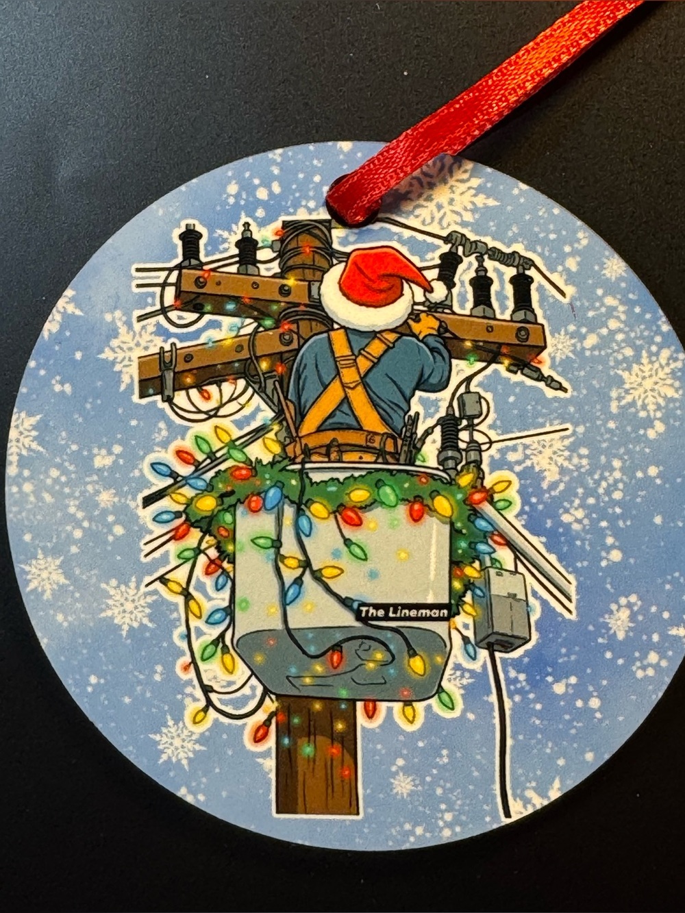 Lineman Round Wooden Christmas Ornament Bucket Truck with Lights